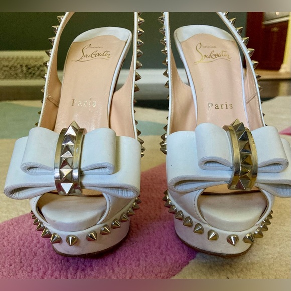 Christian Louboutin White Lady Clou 150 Spikes Studded Peep Toe Pumps Heels 37 - Picture 5 of 11